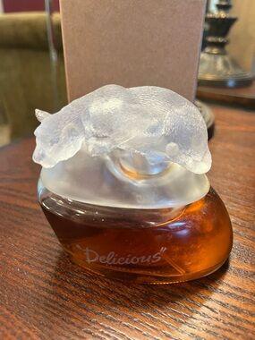 "Delicious" Gale Hayman Amber Perfume Bottle with Frosted Sleeping Cat Accent